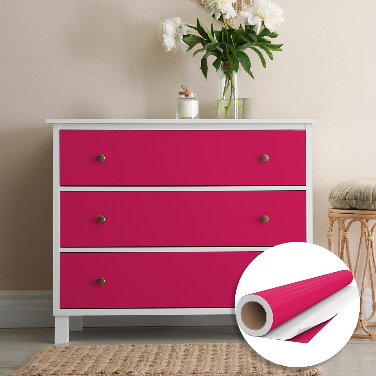 Rouleau adhésif décoratif Vinyle au Mètre - Fushia - Sticker Lavable Imperméable Mur Cuisine Meubles