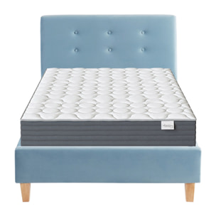 Ensemble lit enfant 90x190cm + matelas Memo HR avec tête de lit capitonnée en velours bleu - sommier à lattes - Milo