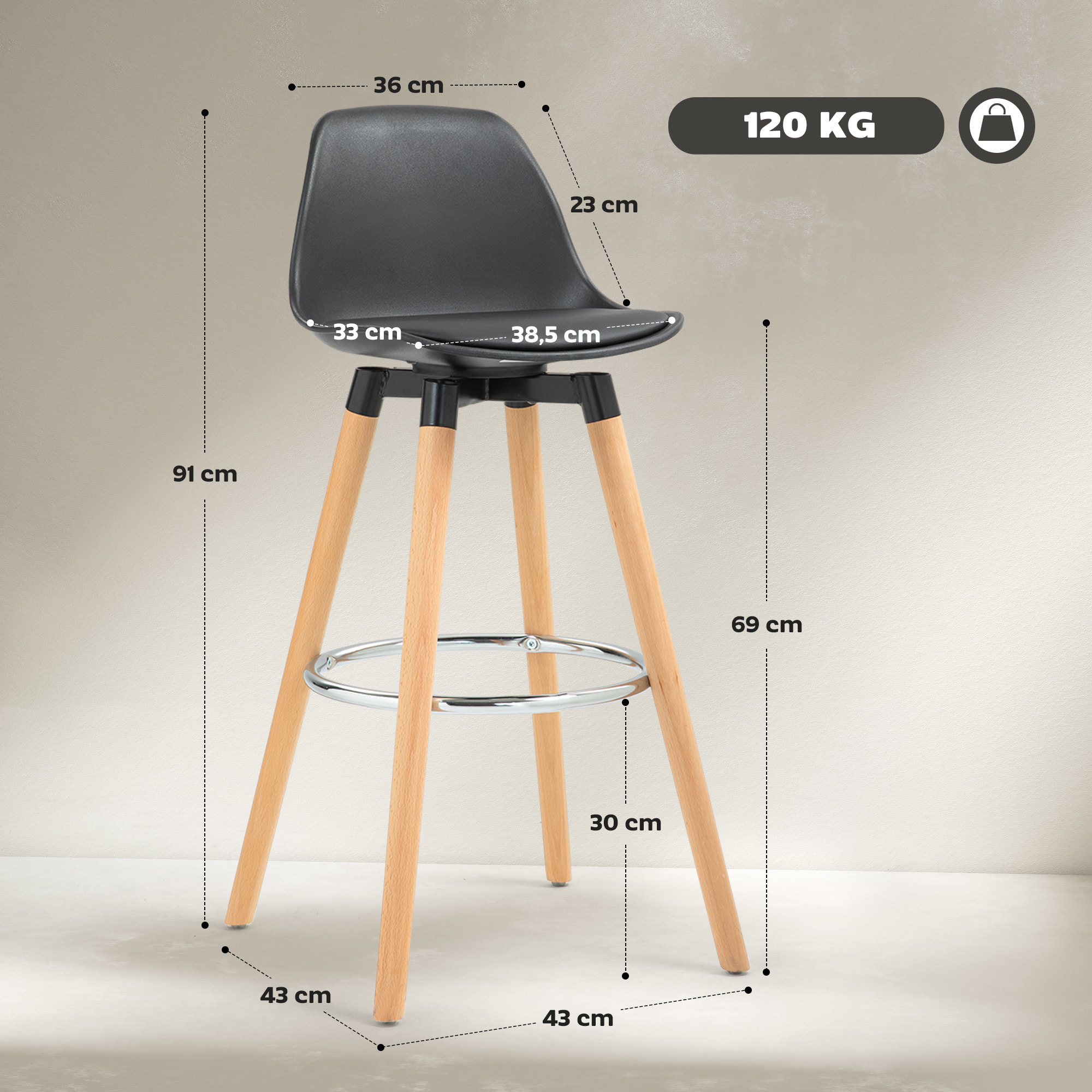 Tabourets de bar style scandinave - lot de 2 tabourets de bar avec repose-pieds - piètement bois de hêtre assise PU noir