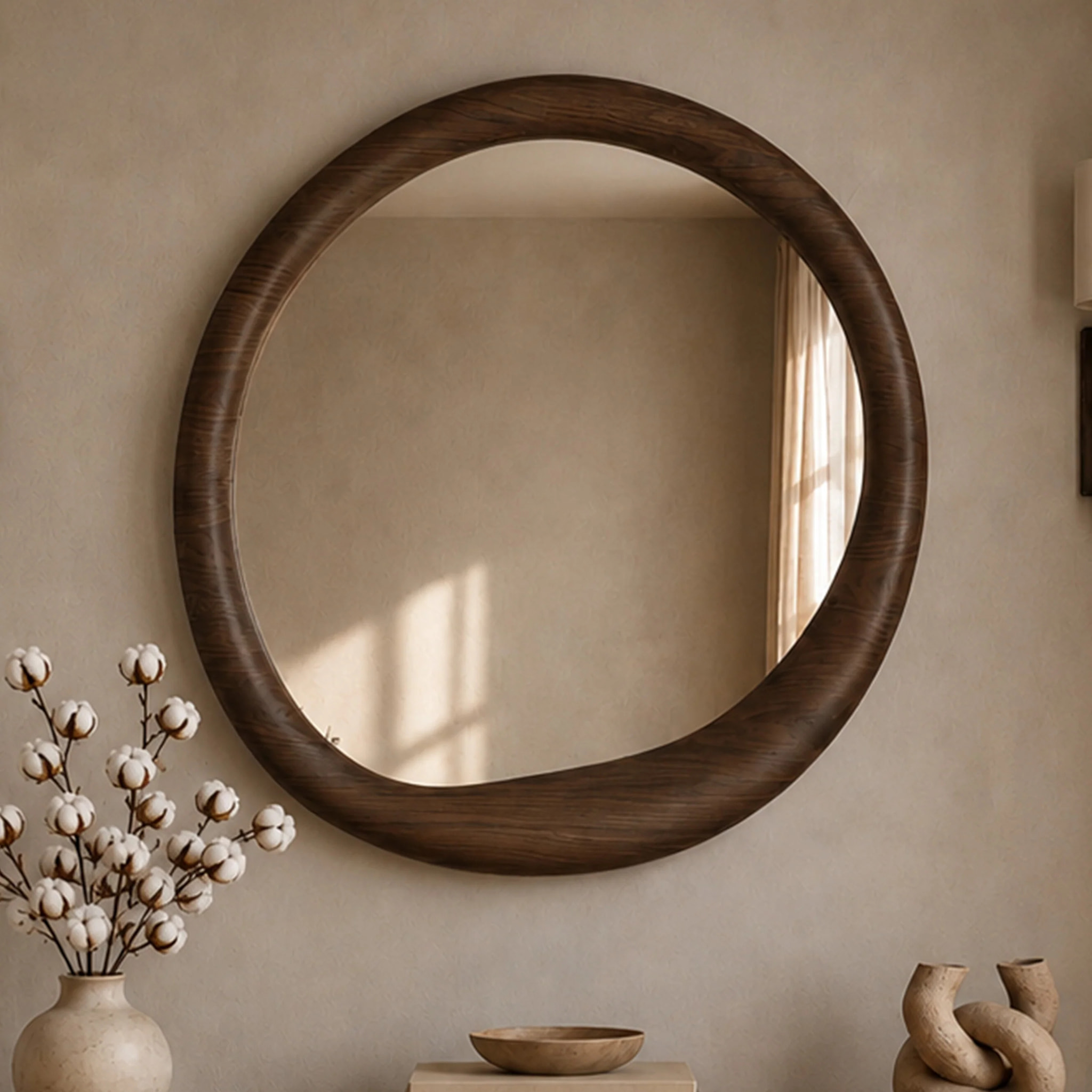 Miroir rond en placage noyer, D100 cm - Yoko