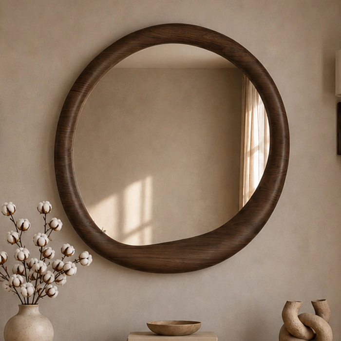 Miroir rond en placage noyer, D100 cm - Yoko