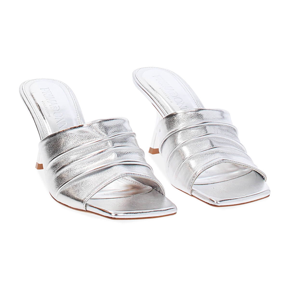 Mules open toe donna argento in laminato, tacco 7,5 cm