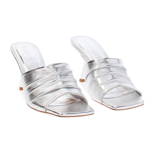 Mules open toe donna argento in laminato, tacco 7,5 cm