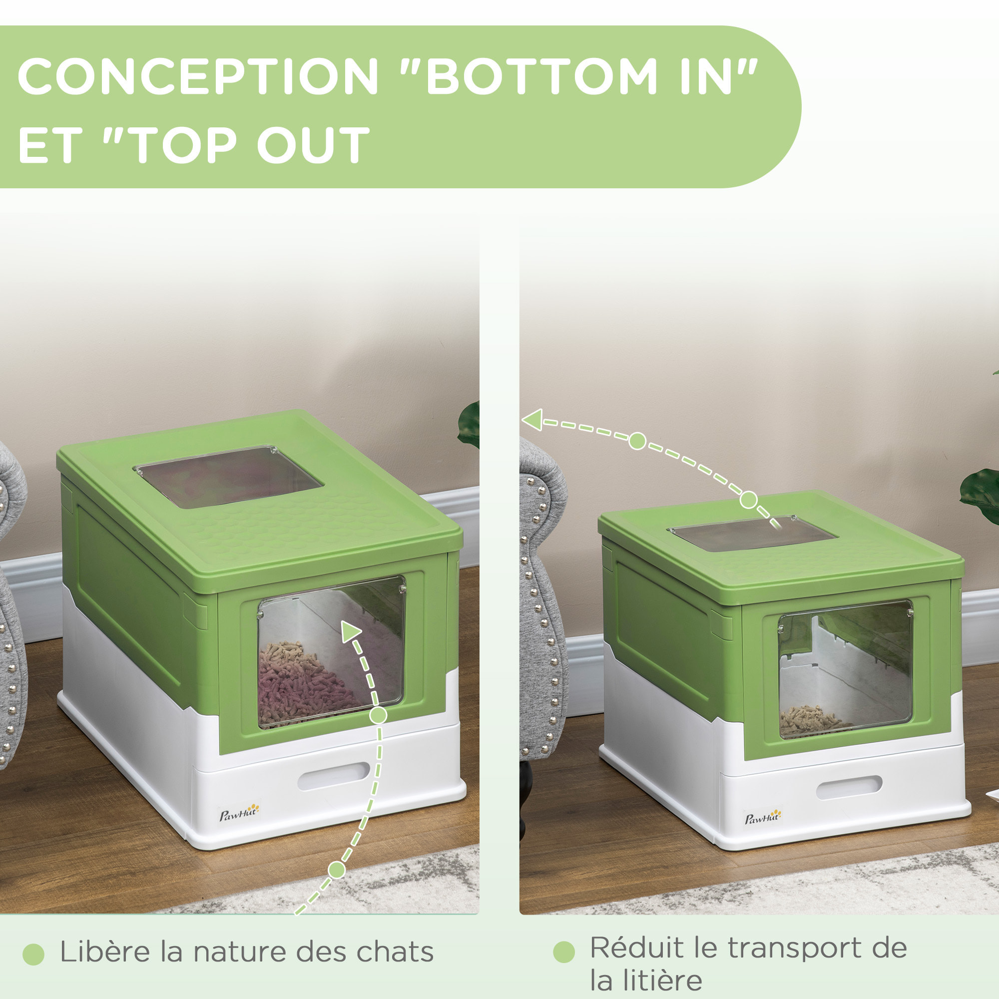 Maison de toilette pliable pour chat - tiroir à litière coulissant, porte battante et trappe transparente, pelle - blanc vert