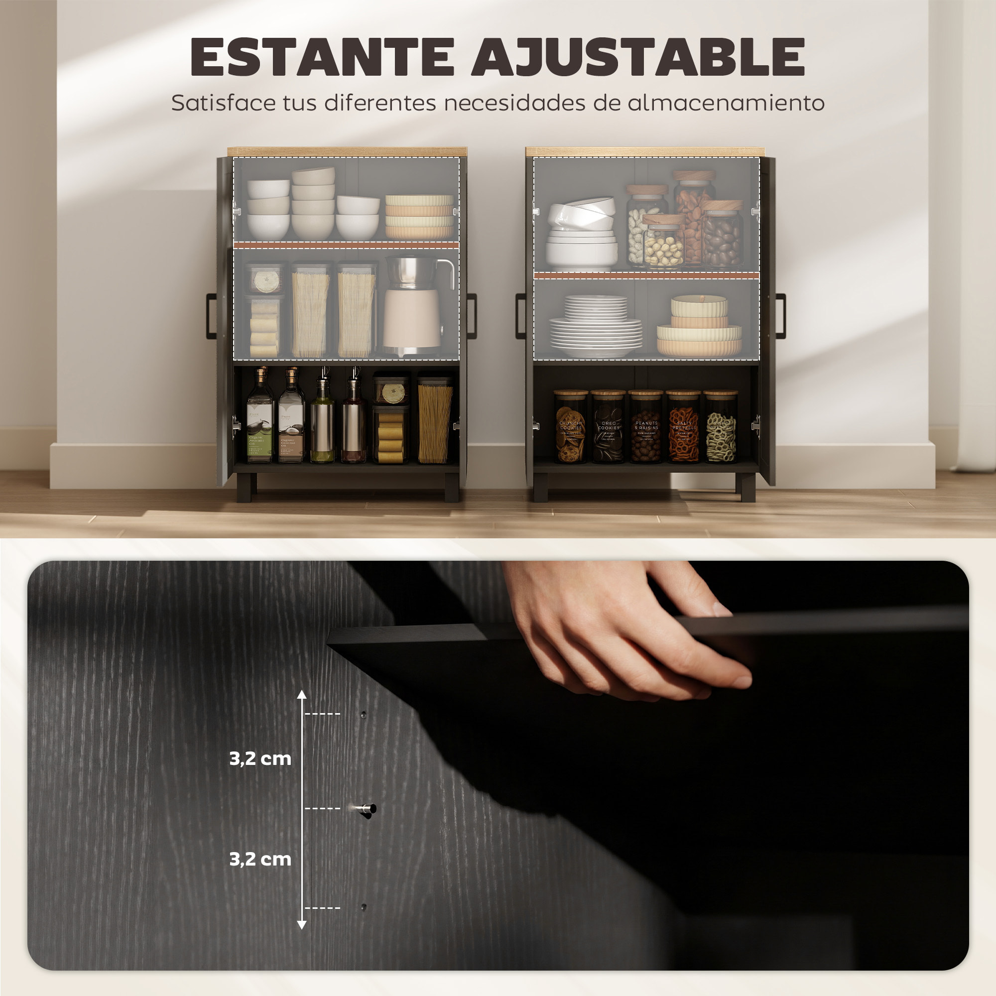 Aparador de 2 Puertas, Aparador de Salón Estrecho, Armario de Cocina con Estante Ajustable, para Cocina, Entrada, Dormitorio, 60x30x90 cm, Negro