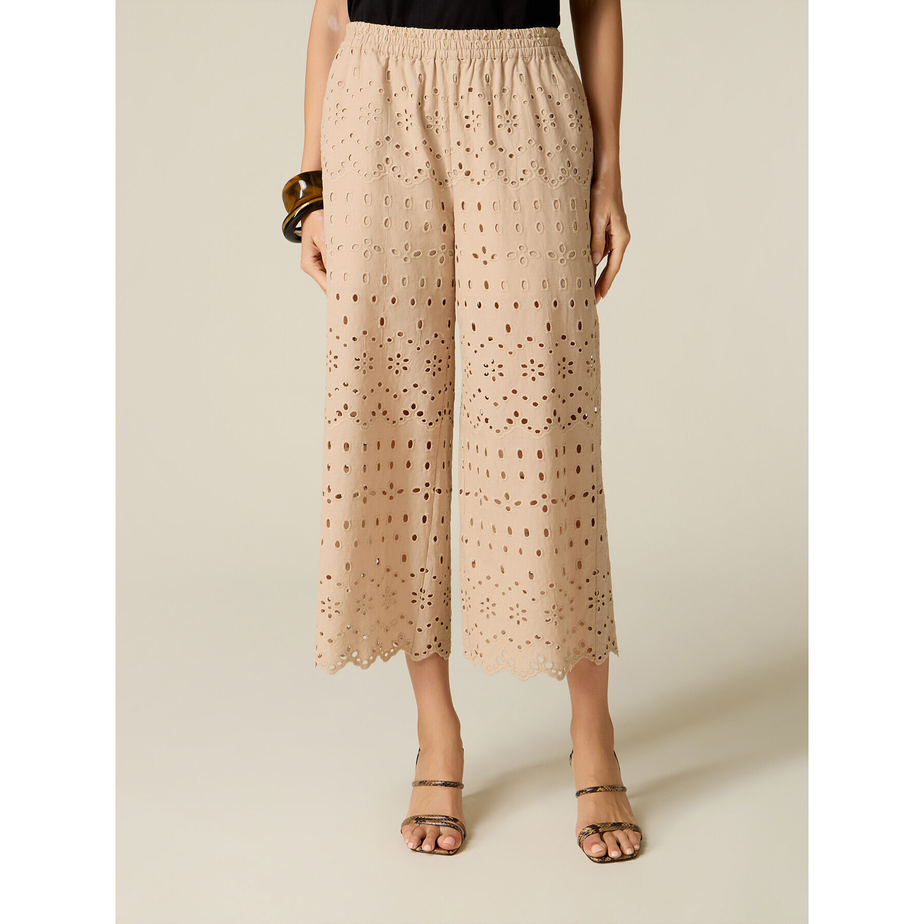 Oltre - Pantaloni cropped in pizzo sangallo - Beige