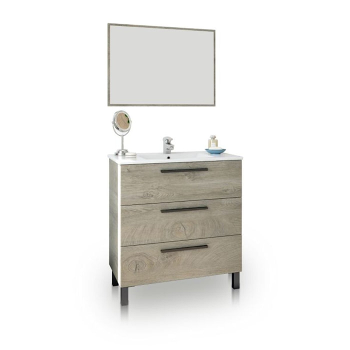 Mueble de baño con espejo Sense 3 cajones Roble Alaska