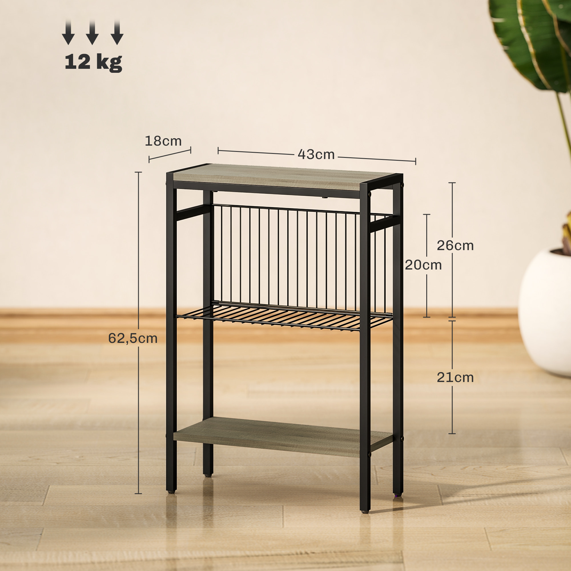 Mesa Auxiliar Estrecha de 3 Niveles Mesita Auxiliar Industrial con Estantes Abiertos y Estructura de Acero para Salón Dormitorio 43x18x62,5 cm Gris