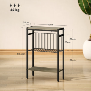 Mesa Auxiliar Estrecha de 3 Niveles Mesita Auxiliar Industrial con Estantes Abiertos y Estructura de Acero para Salón Dormitorio 43x18x62,5 cm Gris