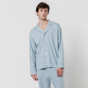 Pigiama lungo in cotone stile camicia, fantasia verde acqua roc