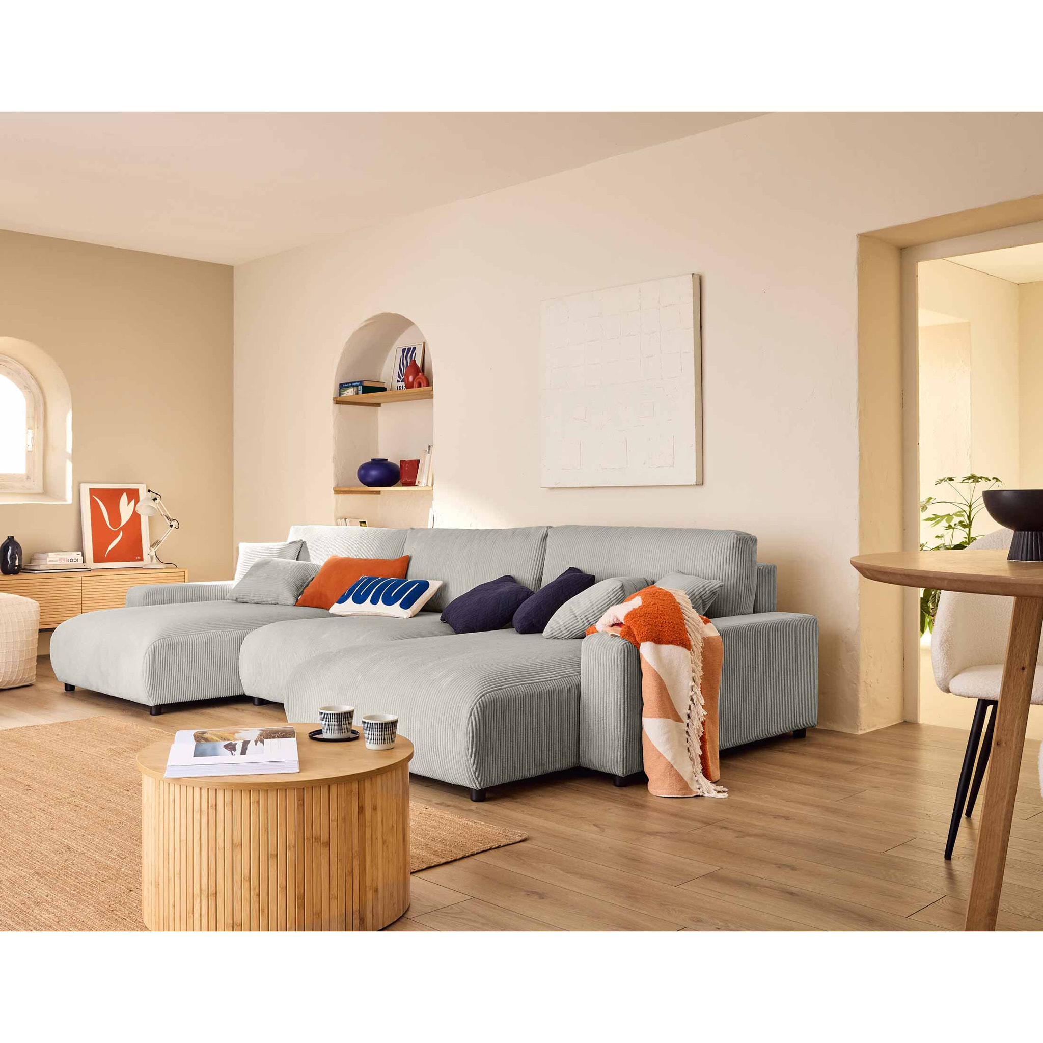 Pivoine - canapé panoramique en U - 7 places - convertible avec coffre - en velours côtelé - Gris clair