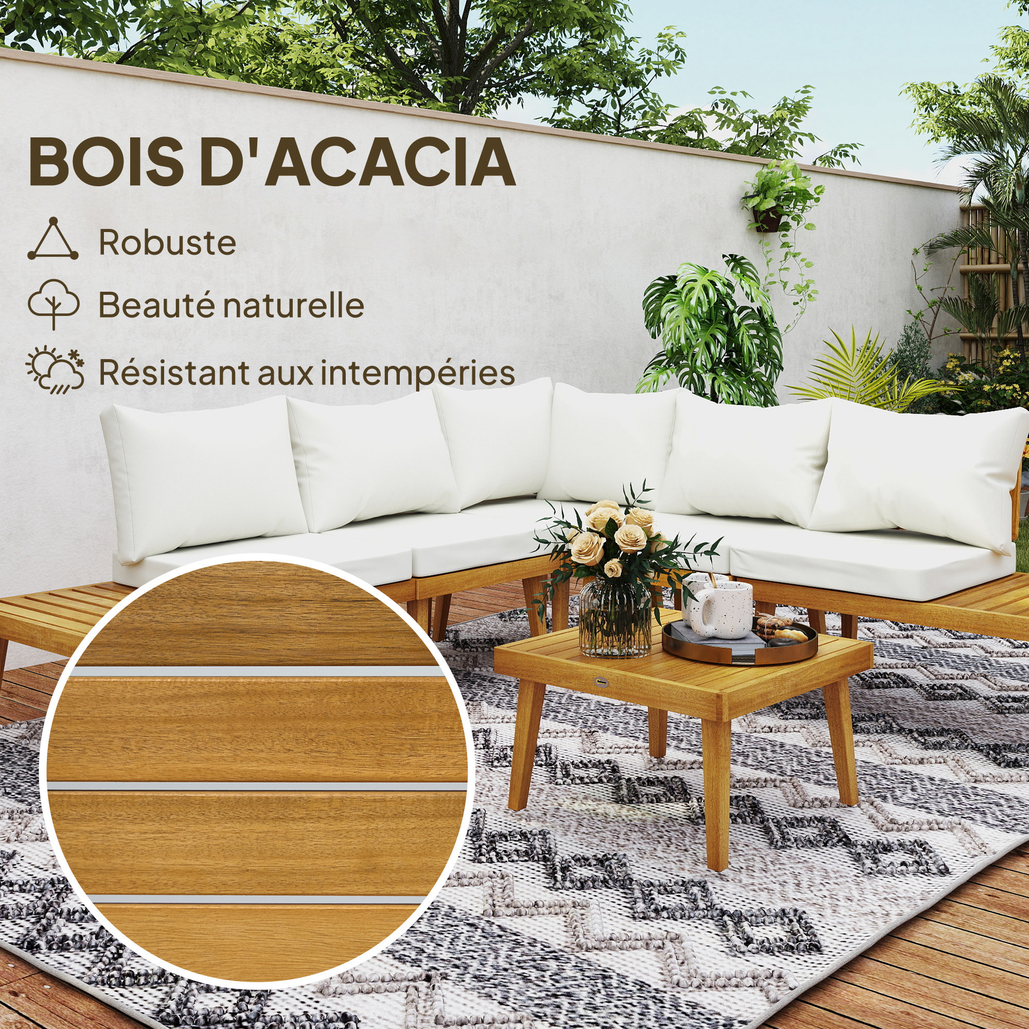 Salon de jardin d'angle 5 places en bois d'acacia avec table basse et tablettes latérales coussins crème