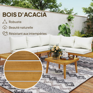 Salon de jardin d'angle 5 places en bois d'acacia avec table basse et tablettes latérales coussins crème