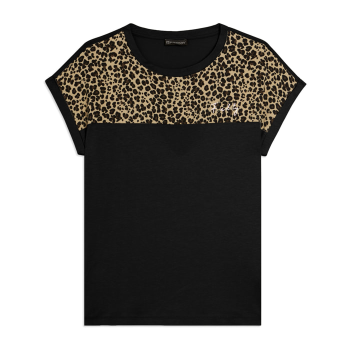 T-shirt Manica Corta con Dettaglio Animalier sulle Spalle