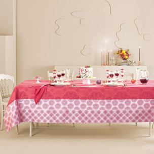 Nappe pur coton enduit motif jacquard rose Mille rosaces framboise