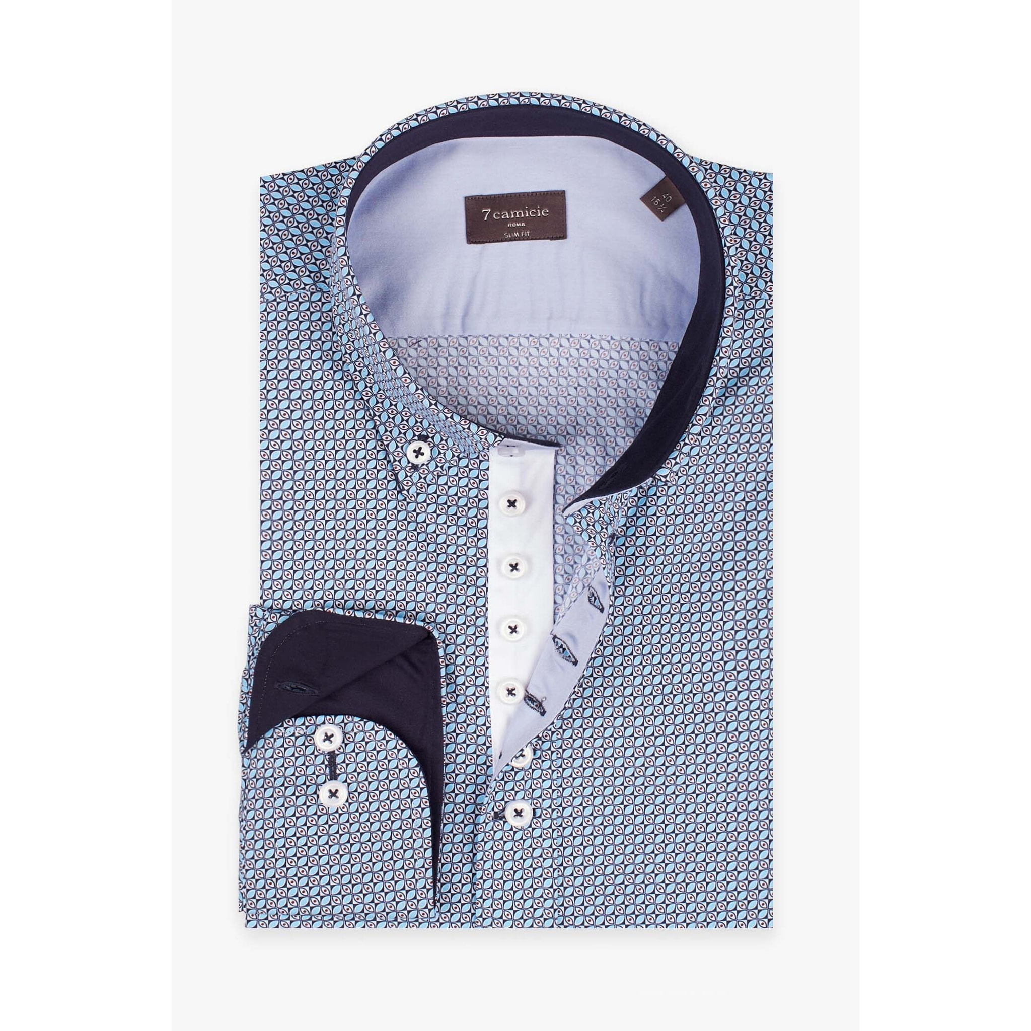 Camicia Uomo 1 Bottoni Button Down Slim Popeline Stampato Blu/Celeste