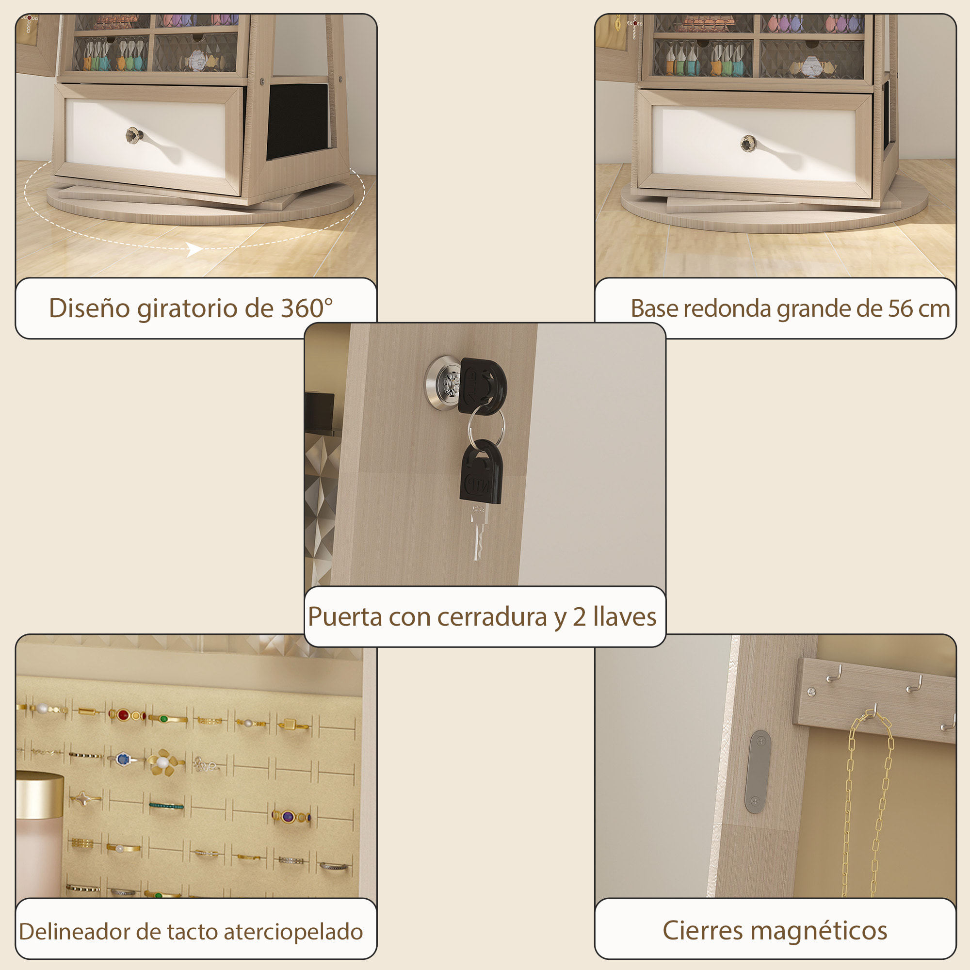 Espejo Joyero con Luces LED, Armario para Joyas, Armario Joyero con Espejo Entero, Giratorio de 360°, Cajón, Cerradura, Estantes Abiertos, Soporte para Secador, Natural