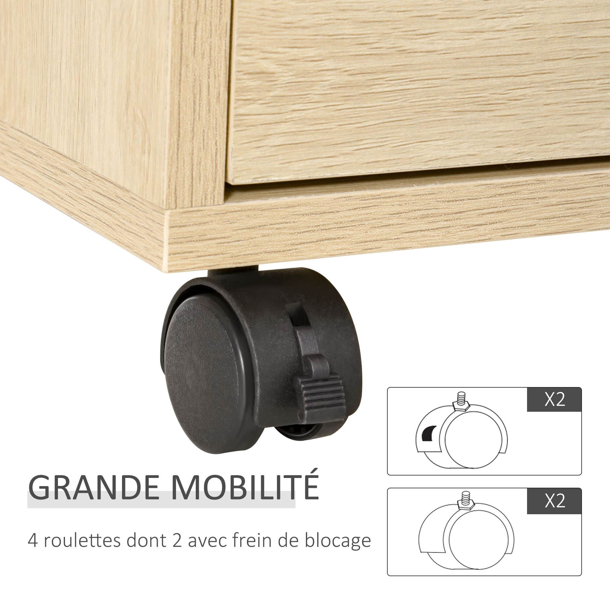 Caisson de bureau rangement bureau sur roulettes 4 tiroirs coulissants MDF aspect bois clair