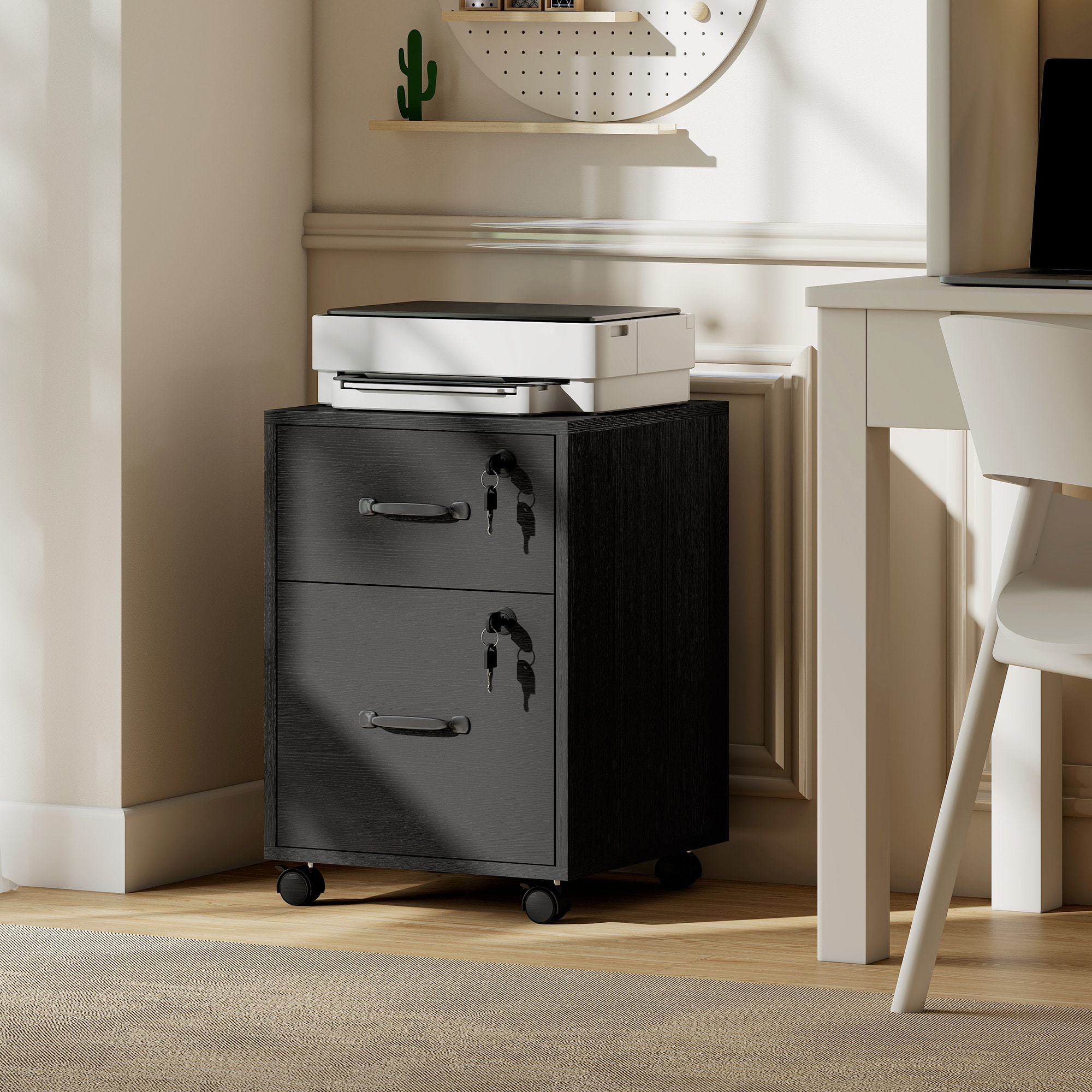 Caisson bureau verrouillable mobile 2 tiroirs coulissants trieur dossiers effet bois noir