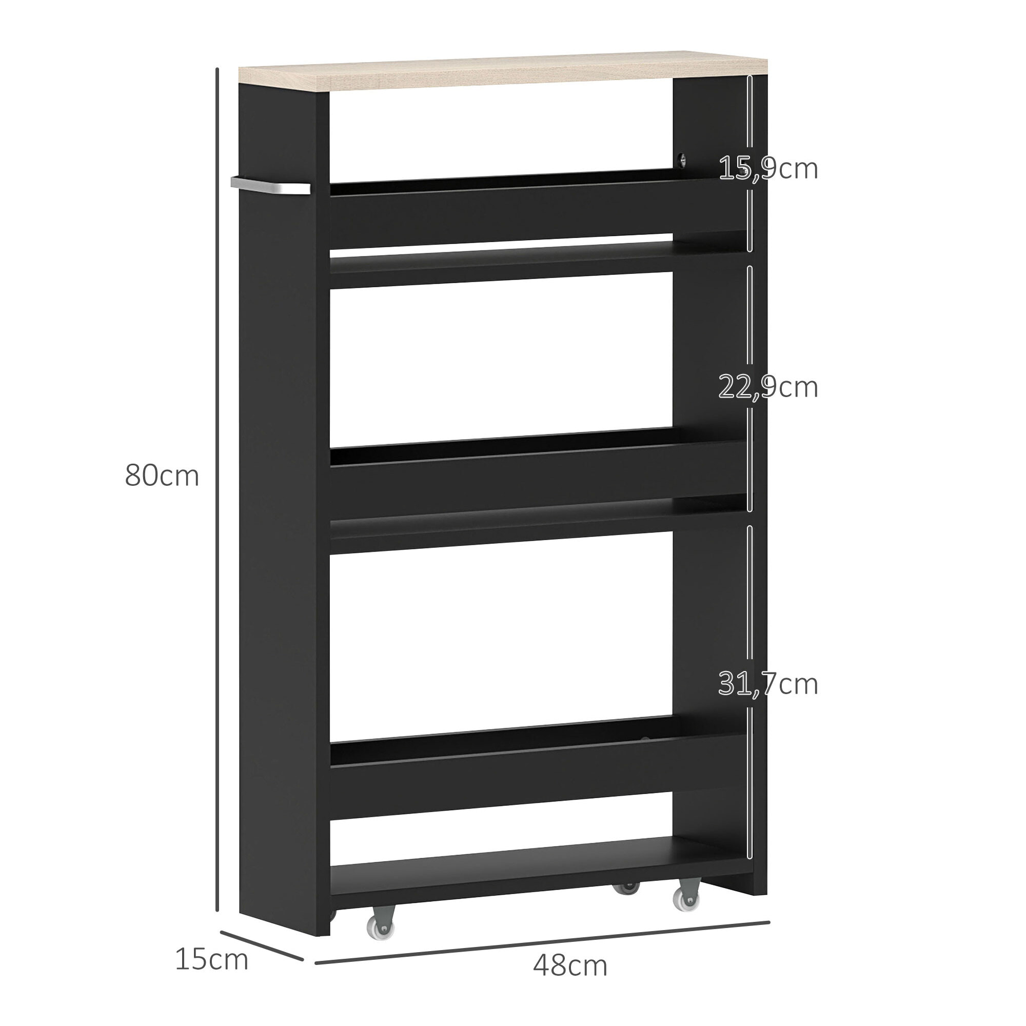 Carrito Auxiliar con Ruedas de 3 Niveles, Carrito de Cocina Estrecho con 3 Estantes, Tablero y Asa, para Comedor, Salón, Baño, 48x15x80 cm, Negro