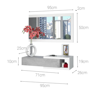 Mobile da ingresso Mcallen, Entratina reversibile con specchio, Mobile per atrio con cassetto, Svuotatasche per appartamenti, cm 95x26h69, Bianco e Cemento