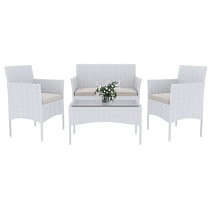Set Di Mobili da Giardino Salotto Salottino in Rattan 4 Posti con Tavolino Ripiano In Vetro 2 Poltrone Divano 2 Posti Giardino Esterno Piscina Bianco