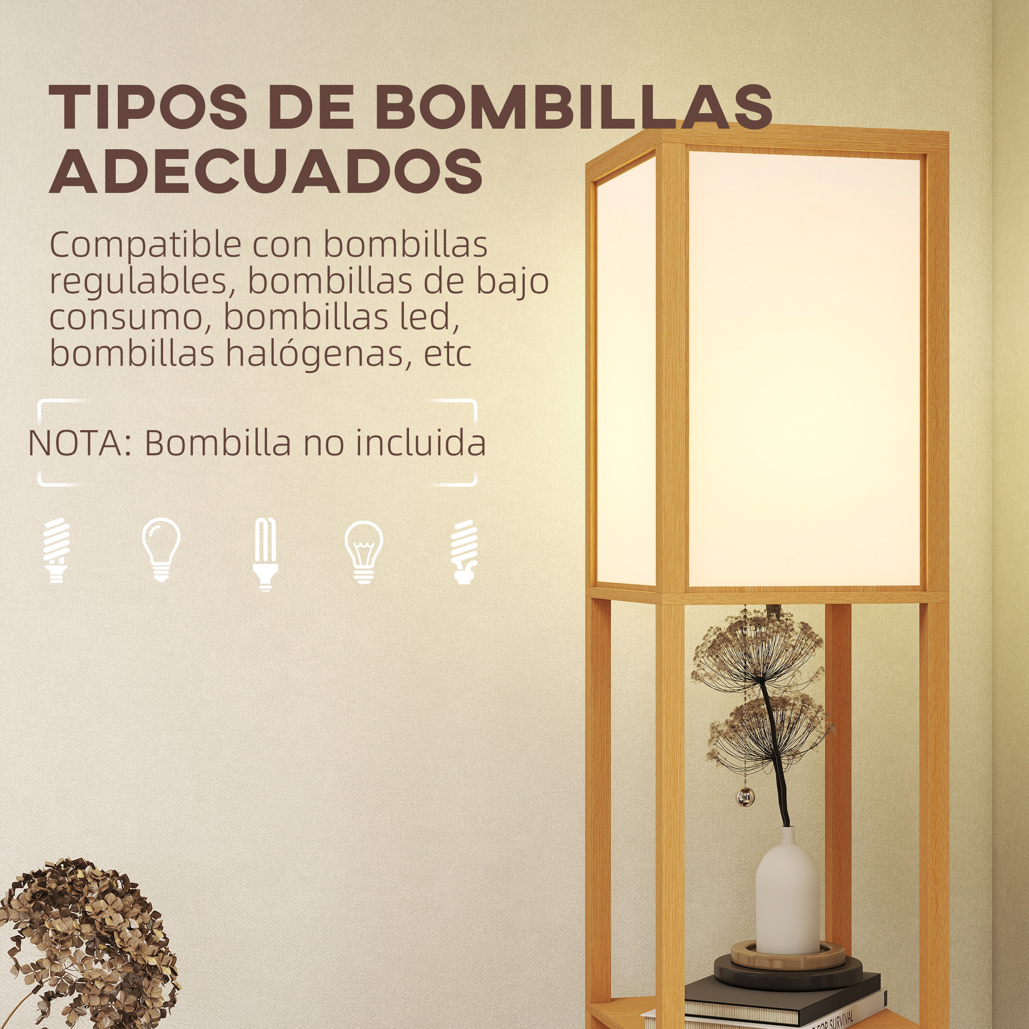Lámpara de Pie con Estantes de Almacenaje, Lámpara de Madera Moderna, Bombilla E27, para Salón, Dormitorio, Oficina, Natural