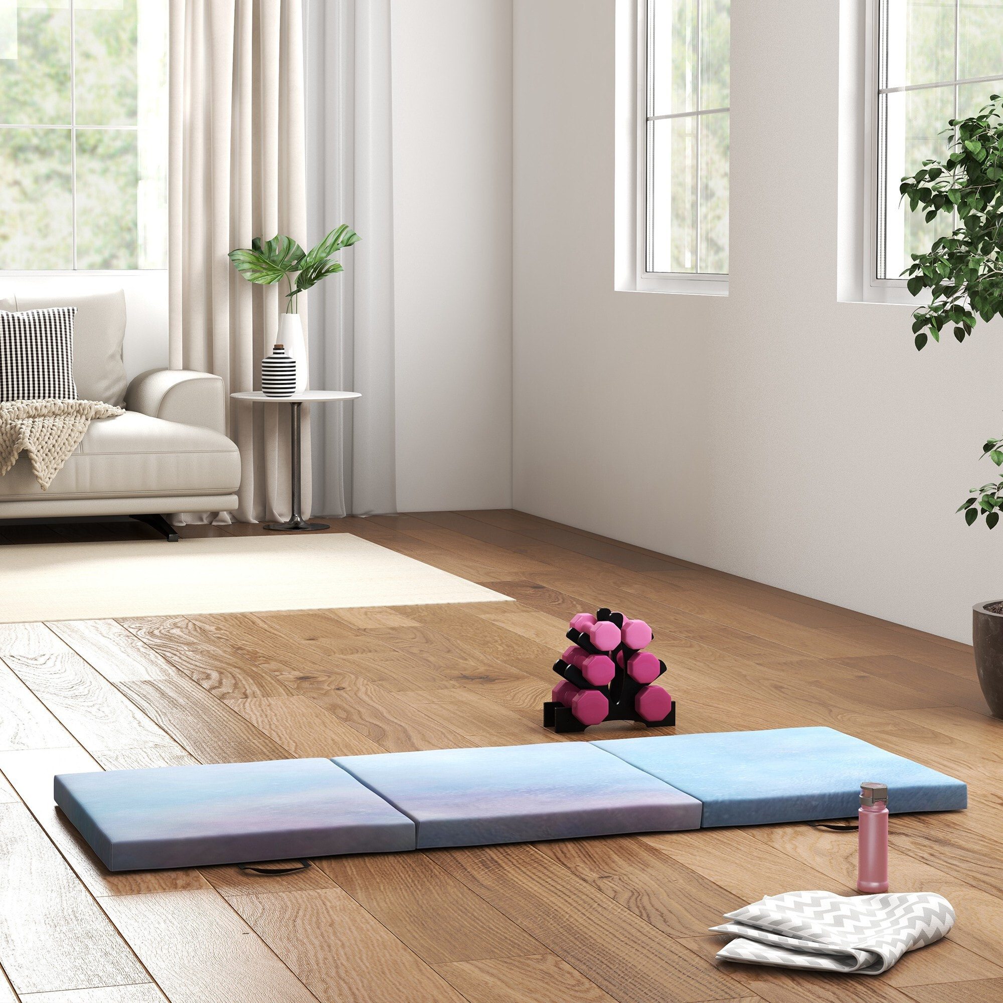Colchoneta Gimnasia Plegable de Grosor 5 cm, Tapete de Ejercicio, 180x60x5 cm, con Asas de Transporte, Esterilla de Gimnasia para Yoga, Aeróbic, Artes Marciales, Azul Degradado