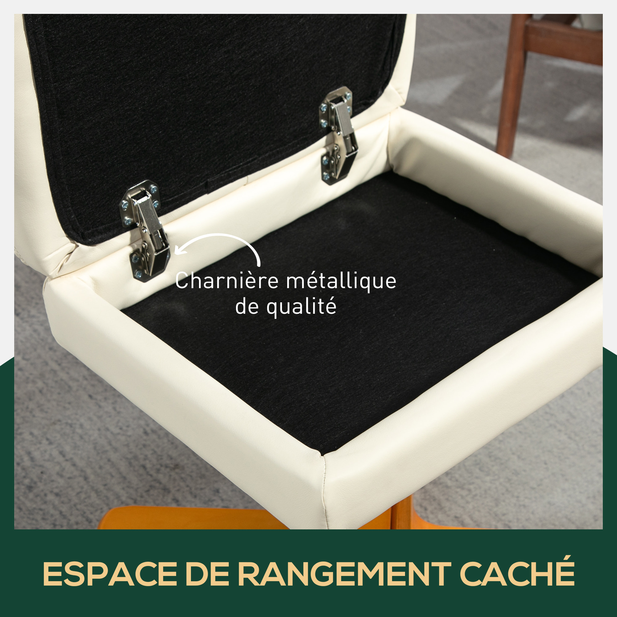 Fauteuil relax inclinable style contemporain repose-pieds coffre rangement revêtement synthétique acier bois crème
