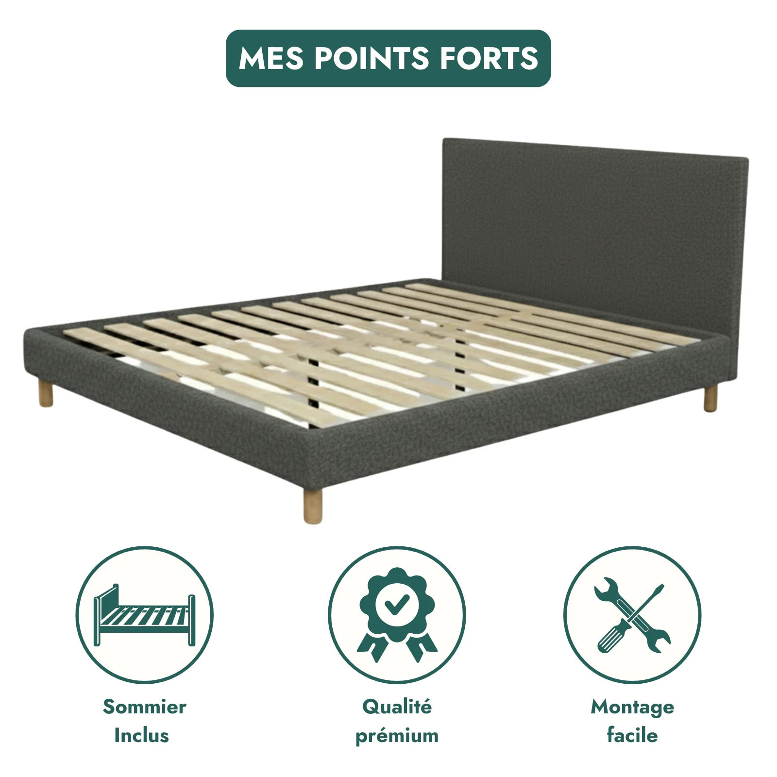 Ensemble matelas Jade & lit fixe Colisée | Mémoire de forme et ressorts ensachés | cadre à lattes | Bouclette | Gris clair