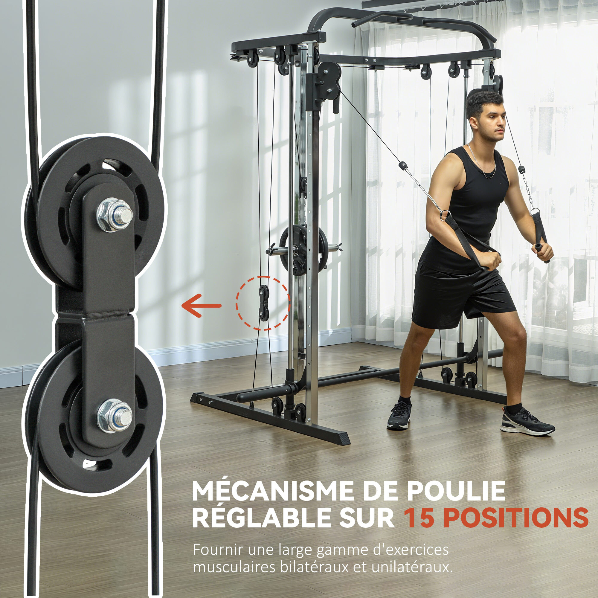 Station de musculation double polie barre de traction et barre longue musculation acier noir