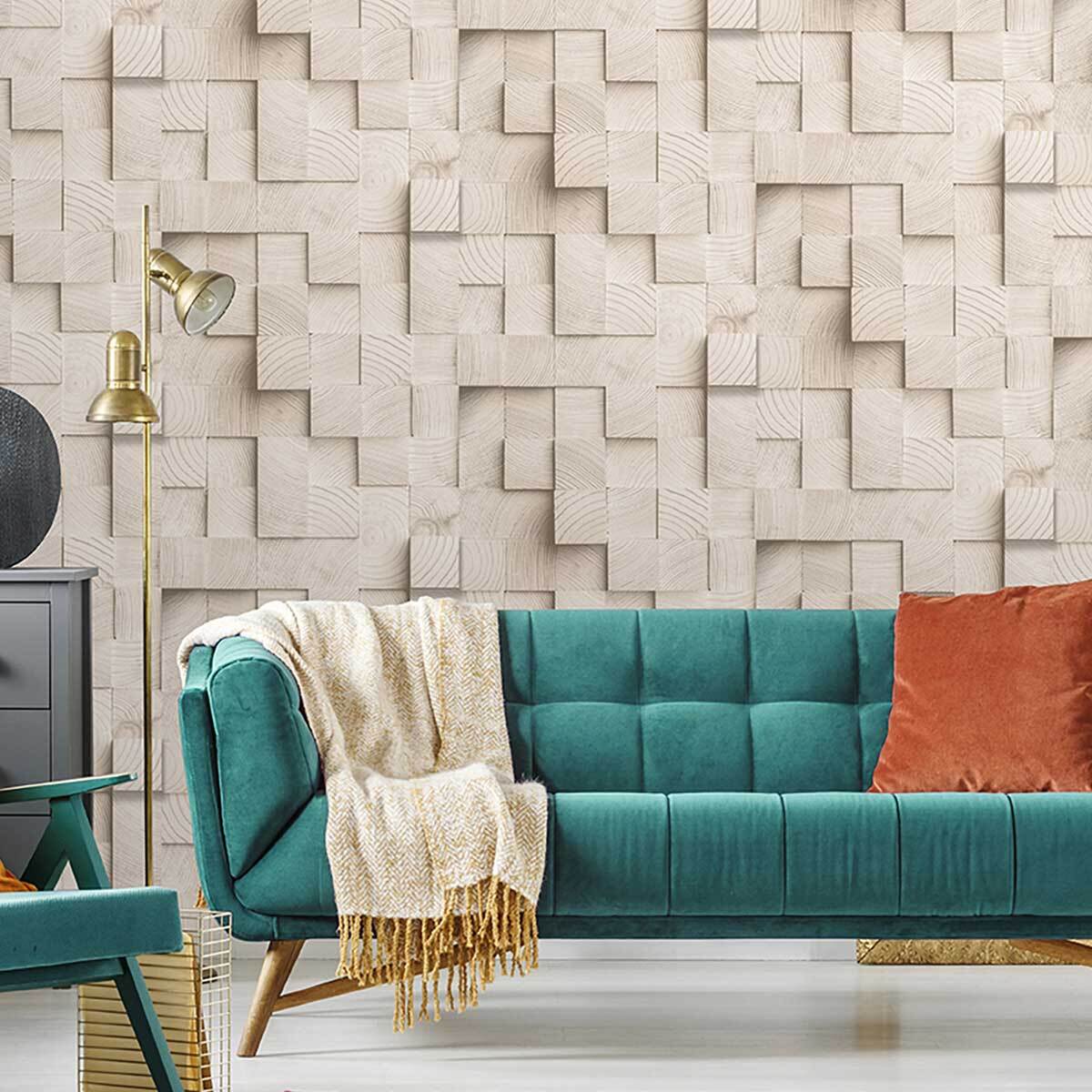 Papier peint cubes bois clair relief moderne