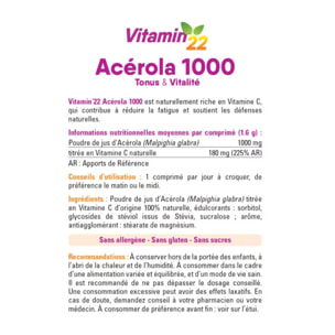 VITAMIN'22 - Acerola 1000 - Complément alimentaire à base d'Acérola- Vitamine C 100% d'origine naturelle - Sans sucre - Sans gluten - Goût Cerise - Cure de 24 j - Lot de 3 produits