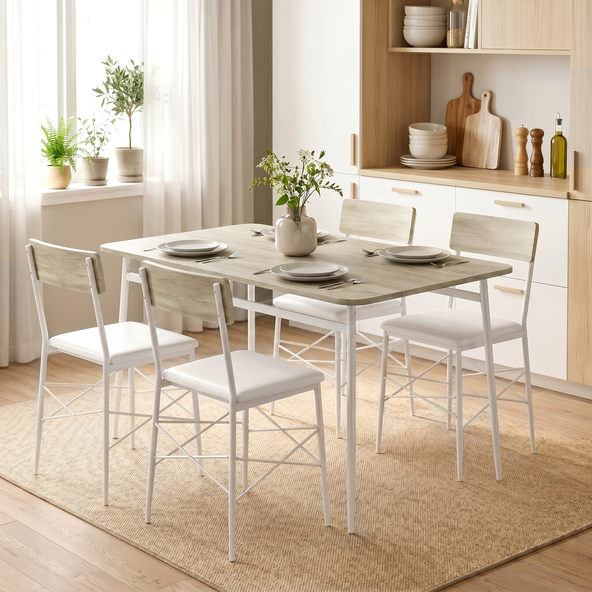HOMCOM Juego de Mesa y Sillas de Comedor 5 Piezas, Mesa de Cocina Rectangular con 4 Sillas Acolchadas, Estilo Moderno, Marco Metálico, para Espacios Pequeños, Salón, 106x66x75 cm, Roble y Blanco