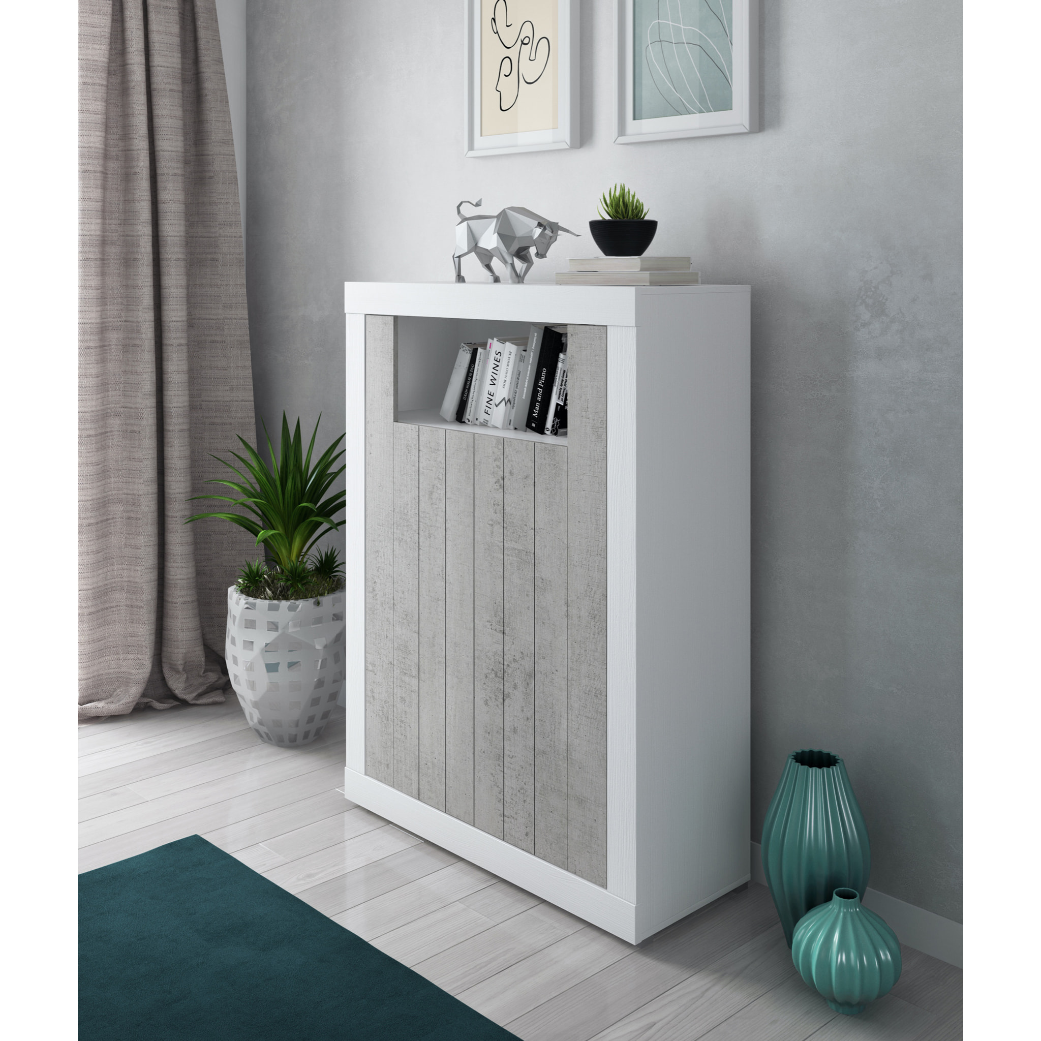 Credenza Alta con 2 Ante Vano A Giorno Madia Soggiorno Cucina Mobile Moderno Multi Spazio e Ripiani Credenza 110x144x42 Cm Bianco e Grigio Cemento