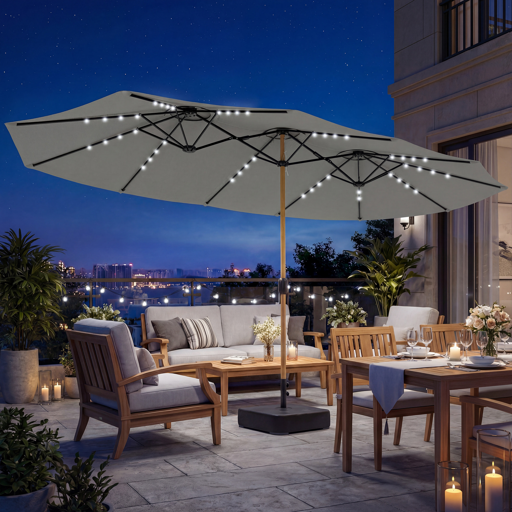 Sombrilla Doble con 48 Luces LED, 4,6x2,6 m, Sombrilla Terraza Exterior con Base Incluida, Manivela, Sacos Arena, Funda, Anti-UV, Resistente al Agua, Parasol para Jardín, Terraza, Gris