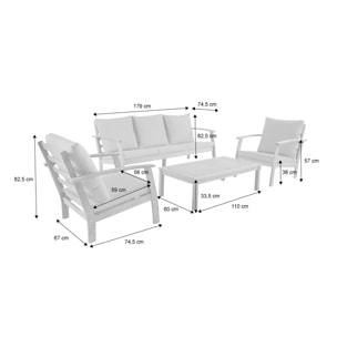Salon de jardin USHUAIA 5 places vert de gris en bois d'acacia. un canapé. une table. deux fauteuils