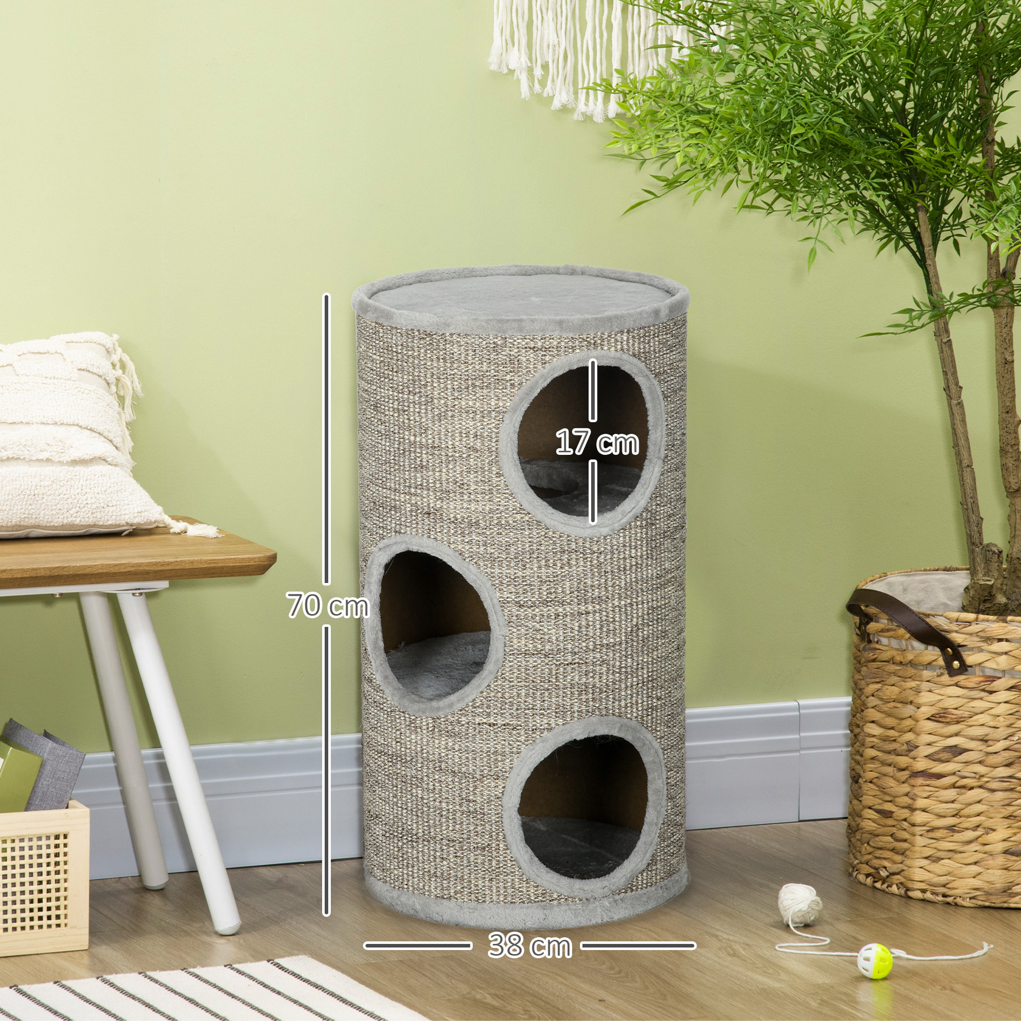 Arbre à chat cylindrique - tour à griffer pour chat - tonneau griffoir - 3 niveaux + plateforme - sisal peluche gris clair