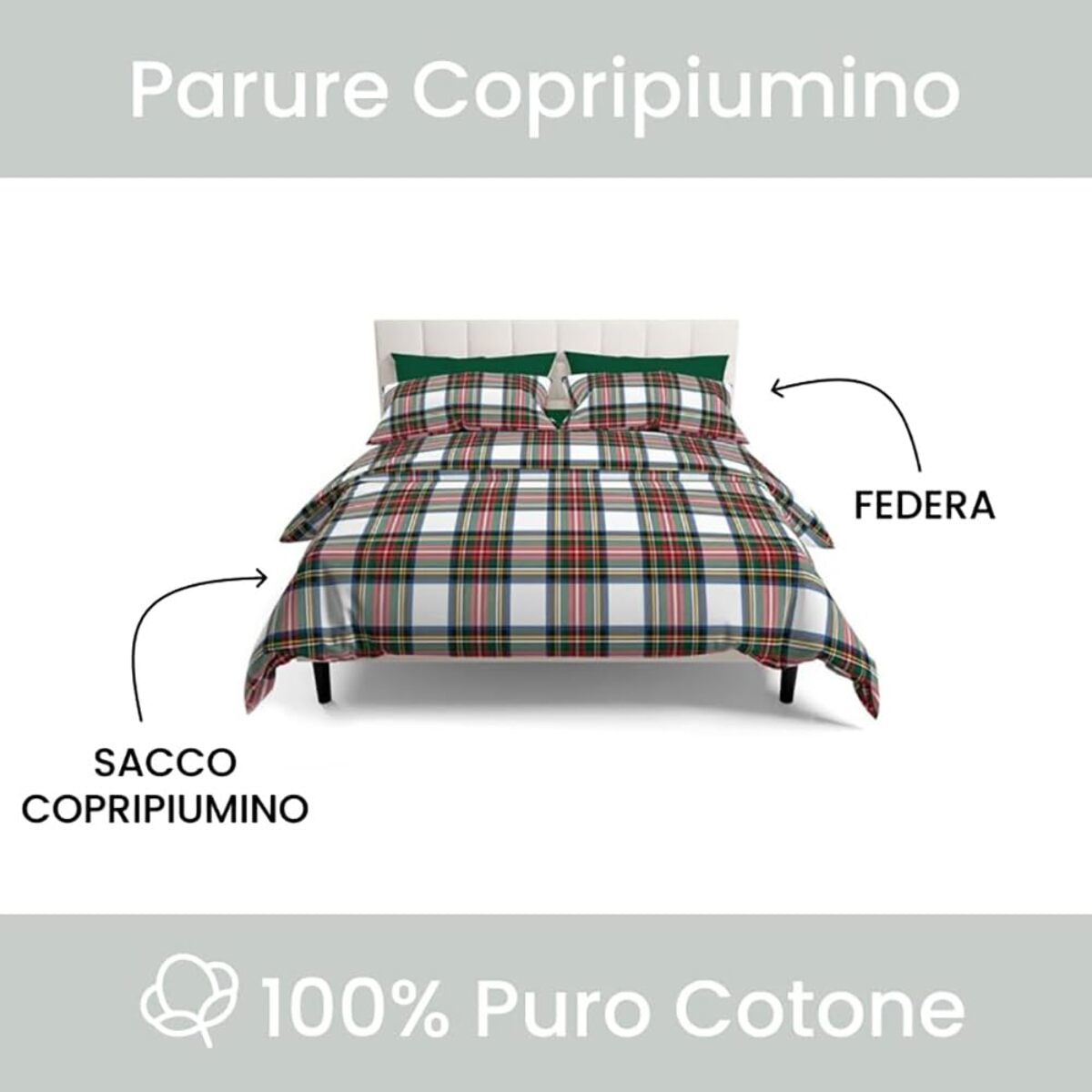 Intrecci - Parure Copripiumino Tartan Scozzese, Set Sacco Piumino e Federe in Puro Cotone, Una Piazza e Mezza