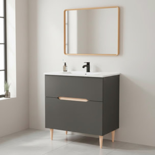 Mobile Bagno A Terra Lavabo In Ceramica E Specchio Inclusi 1 Cassetto Soft Close 1 Anta Vasistaso 80 x 45 x 80 Cm Colore Grigio Antracite E Rovere