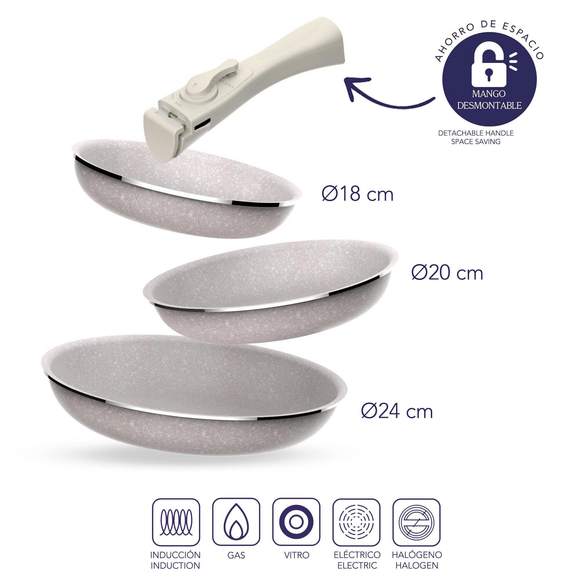 Juego de 3 sartenes ø18ø20ø24cm aluminio prensado,recubrimiento ilag antiadherente,mango extraíble,apto inducción,sin pfoa,apto lavavajillas y horno