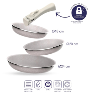 Juego de 3 sartenes ø18ø20ø24cm aluminio prensado,recubrimiento ilag antiadherente,mango extraíble,apto inducción,sin pfoa,apto lavavajillas y horno