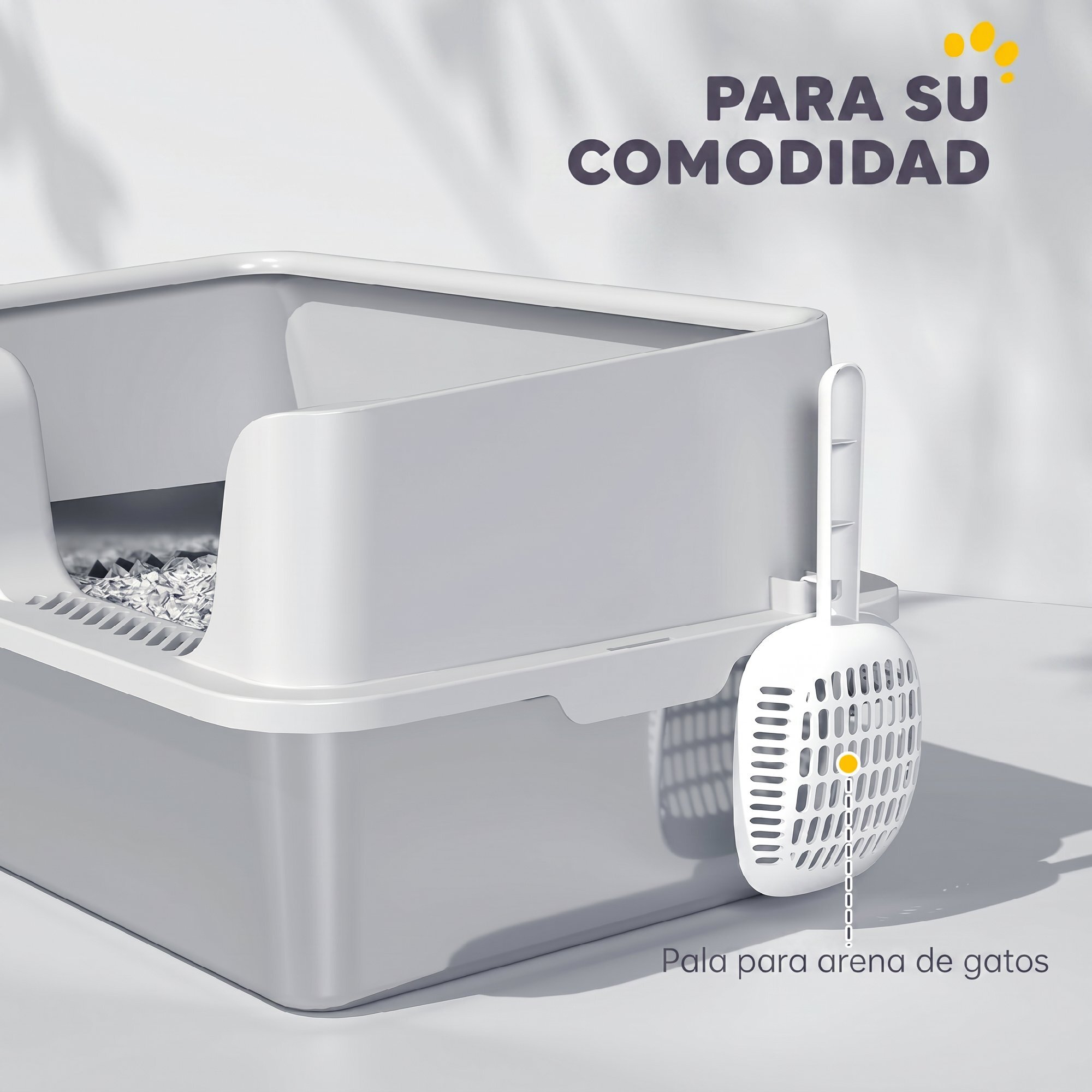 PawHut Arenero para Gatos de Acero Inoxidable XL, Caja de Arena para Gatos Grandes, Arenero Extragrande con Borde Alto, Pala, Fácil de Limpiar, Antifugas, 60x40x28 cm, Gris Claro