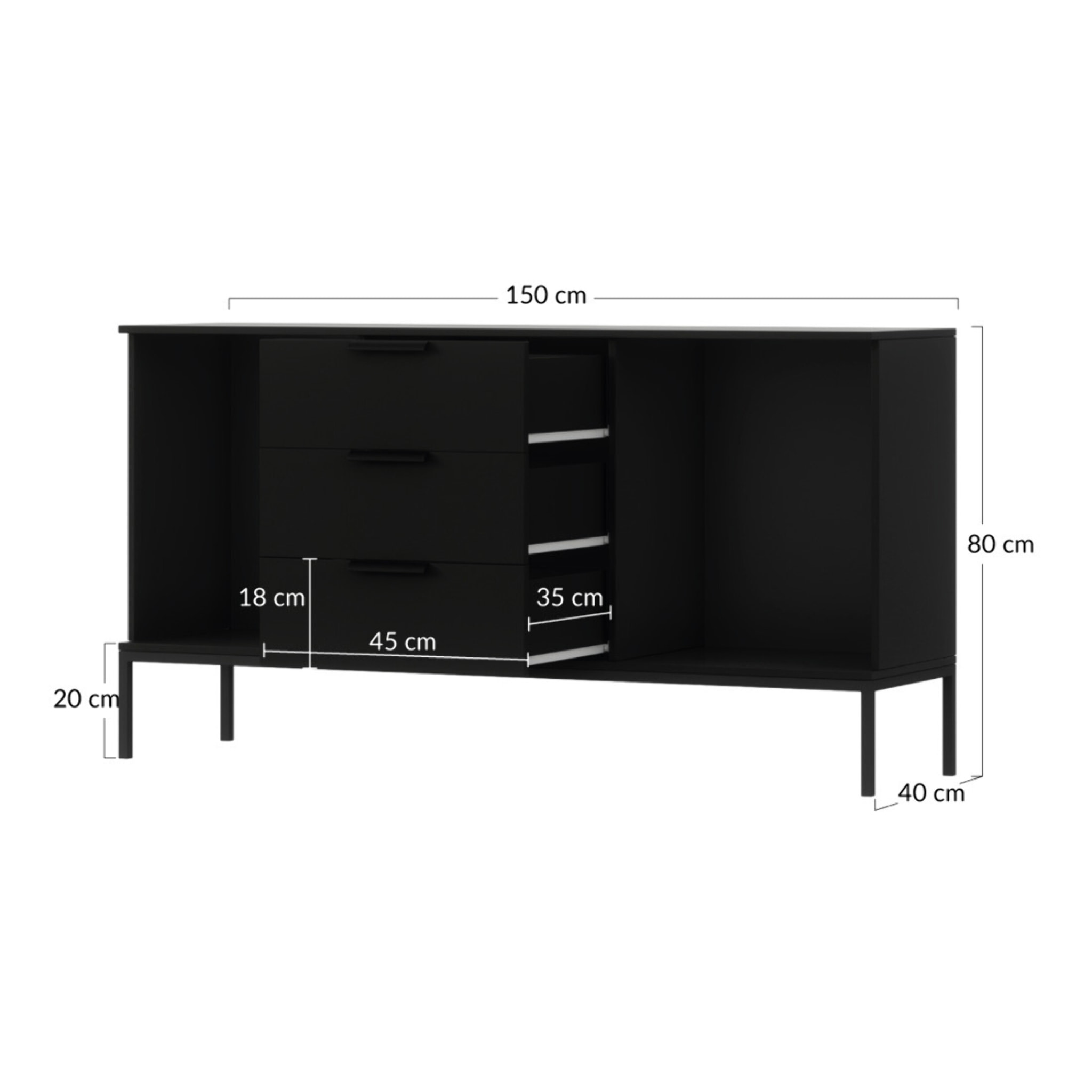 Savanna - buffet bas - effet bois et noir - 3 tiroirs et 2 portes - 150 cm - Noir / Bois