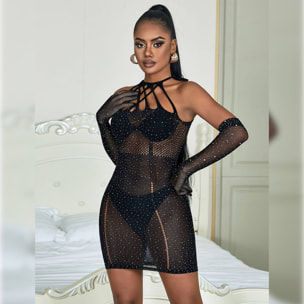 Bodystocking negro sexy con destellos brillantes y detalles de red con strass