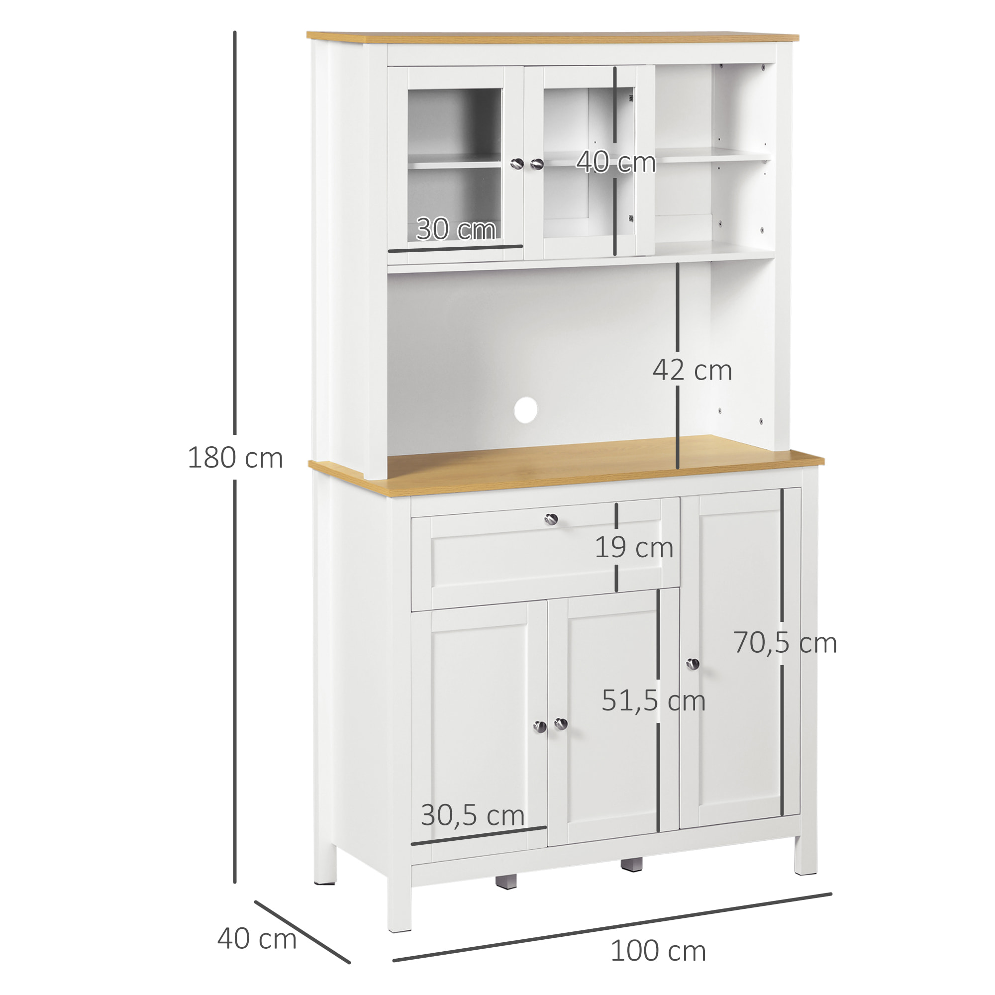 Alacena de Cocina Moderno Mueble Auxiliar de Cocina con 5 Puertas Estante Ajustable Cajón y Encimera de Microondas Abierta 100x40x180 cm Blanco