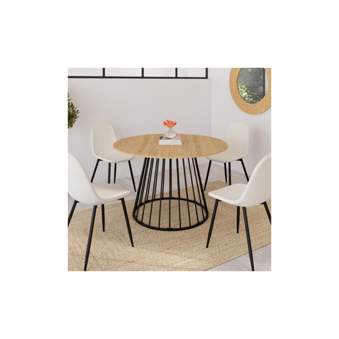 Table repas Adelle plateau rond extensible et pied filaire noir - Bois / Noir