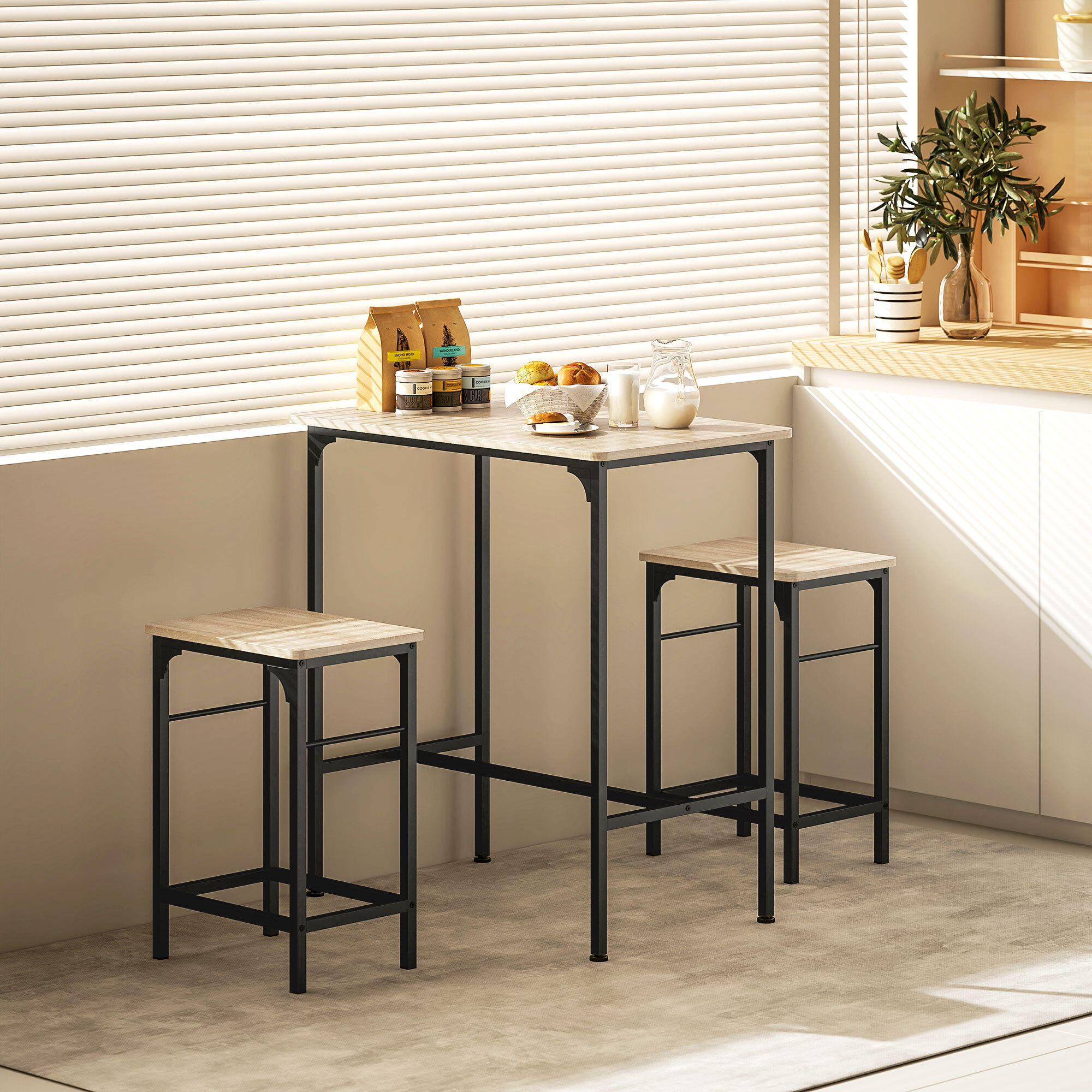 Ensemble table de bar avec 2 tabourets acier noir effet bois de chêne clair