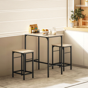 Ensemble table de bar avec 2 tabourets acier noir effet bois de chêne clair