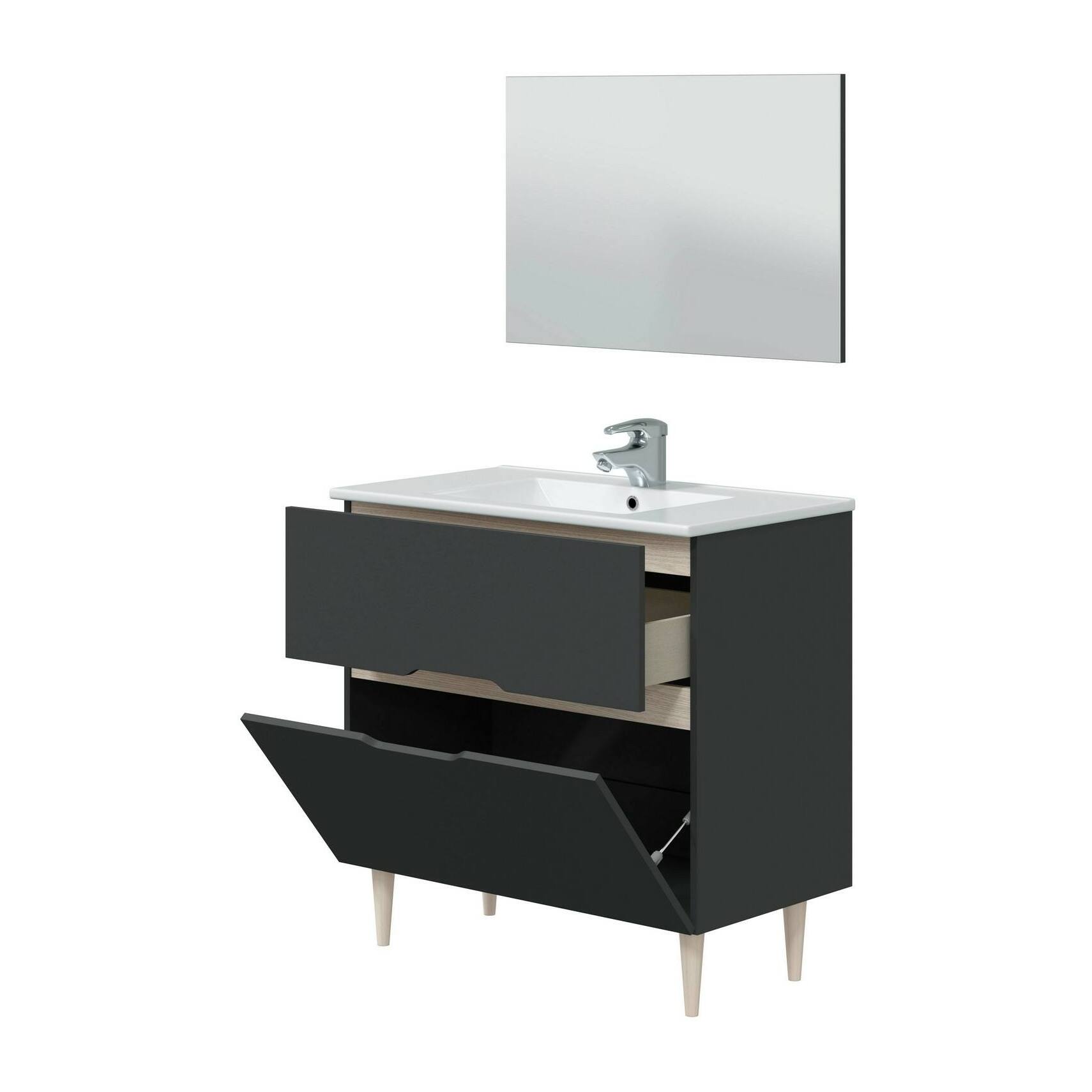 Mobile sottolavabo Avona, Sotto lavabo bagno, Mobiletto da bagno con specchio, Lavabo non incluso, 80x45h80 cm, Antracite e Rovere